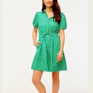 J CREW KELLY GREEN LEAF PRINT SHORT SHIRT DRESS PUFF SLEEVES SIZE 8